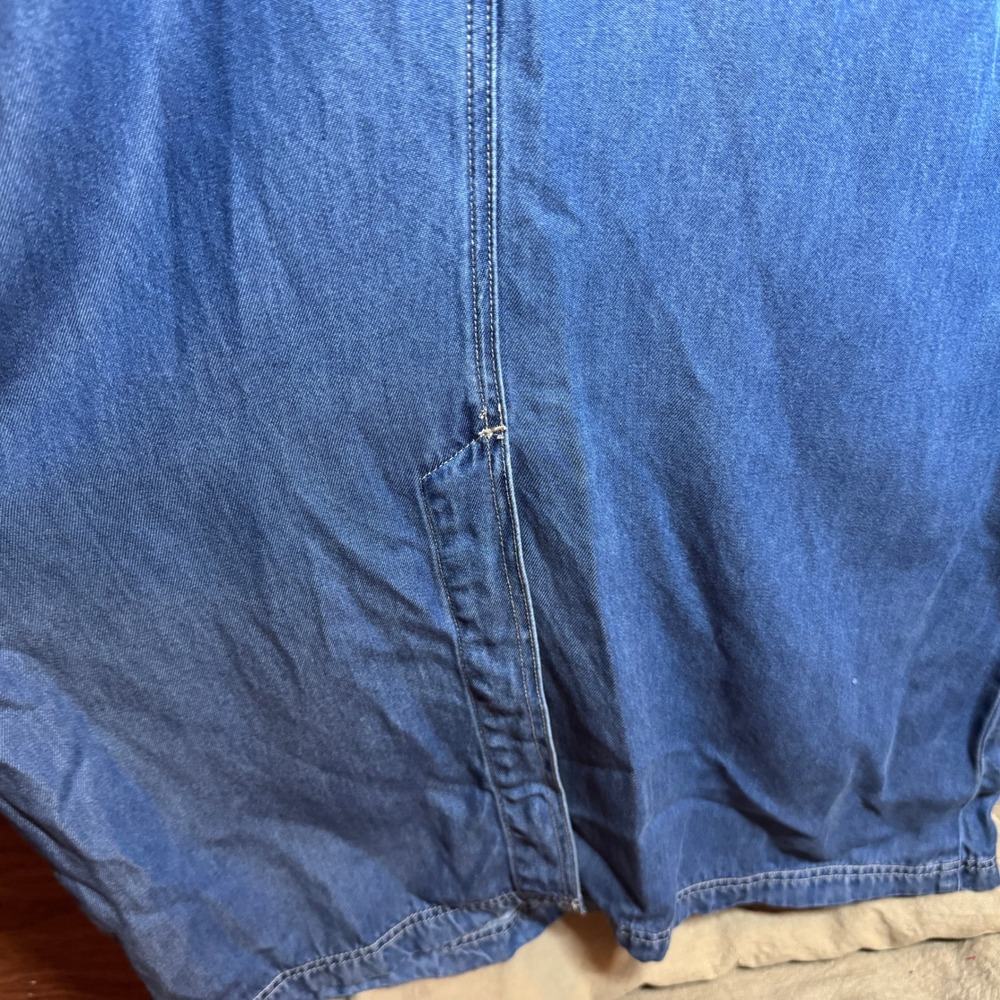 Vintage Blue Denim Overall Jumper Maxi Dress Flag Patch Women M Teacher Core - Picture 7 of 7